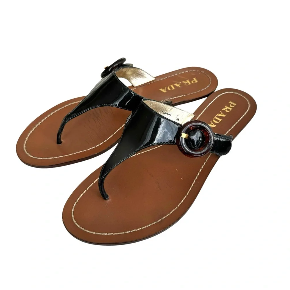 PRADA Black Patent Flat Sandals Leather Thong Slides Women’s 38 - Picture 6 of 17